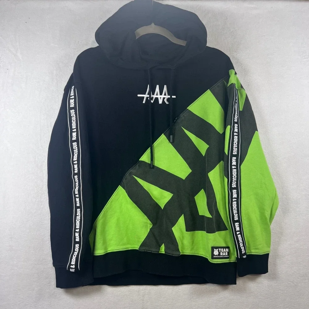 Team RAR Rare and Ridiculous Hoodie Black Neon Green Colorblock Mens Med Skater